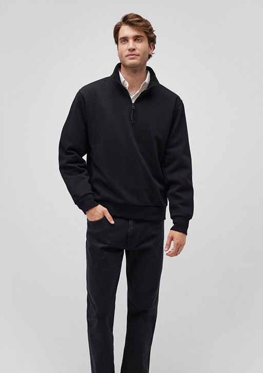 Yar? Fermuarl? Siyah Basic Sweatshirt - Mavi фото 2