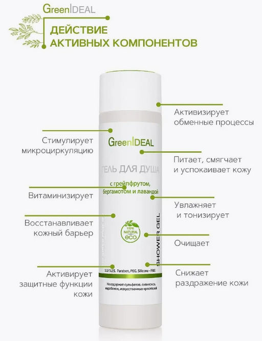 Гель для душа с грейпфрутом, бергамотом и лавандой (натуральный, бессульфатный) - Greenideal фото 4