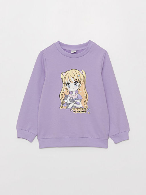 Bisiklet Yaka Bask?l? Uzun Kollu K?z ?ocuk Sweatshirt