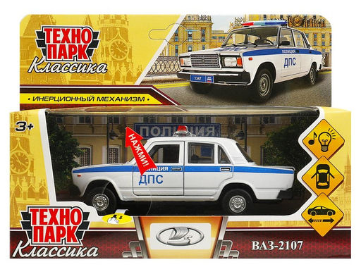 Технопарк. ВАЗ-2107 "Полиция" 12 см, металл.,свет-звук, белый, арт.2107-12SLPOL-WH