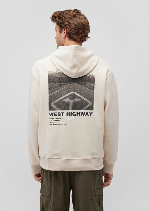 S?rt Bask?l? Kapusonlu Bej Sweatshirt - Mavi фото 4