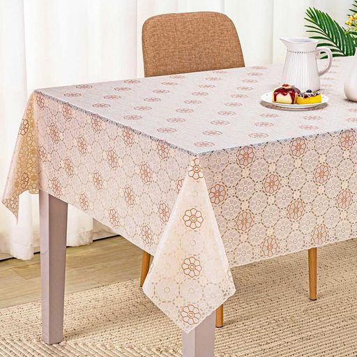 "LACE" Скатерть ажурная ПВХ "Елецкое кружево" 180х137см, длина стола до 140см, на 6 персон, бежевый фон, бежевое тиснение, матовая, на пленке, т.м. Домашняя мода (Китай)