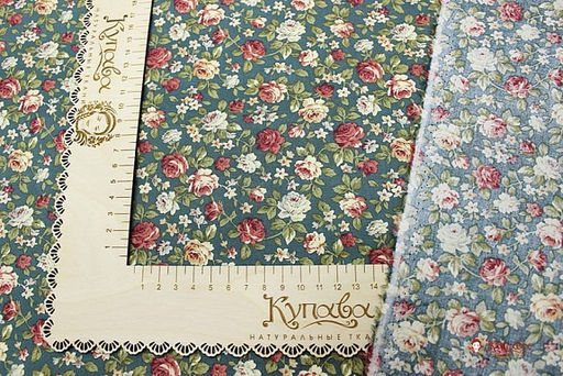 Импорт. хлопок "Розы кораллово-терракотовые" цв.т.зеленая морская волна, ш.1.45м, хл-100%