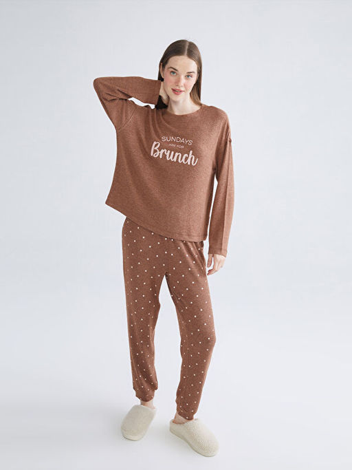 Bisiklet Yaka Bask?l? Kad?n Pijama Tak?m?