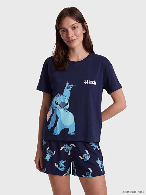 Stitch Bask?l? Kad?n ?ortlu Pijama Tak?m?