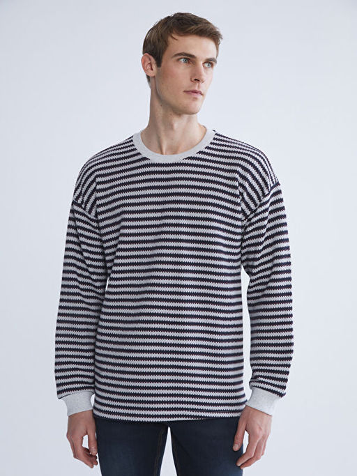 Bisiklet Yaka ?izgili Erkek Triko Kazak