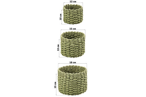 Набор 3 плетеных корзин, 1 корзинка 18*18*15 см, 1 корзинка 15*15*13см, 1 корзинка 12*12*10см, зелен