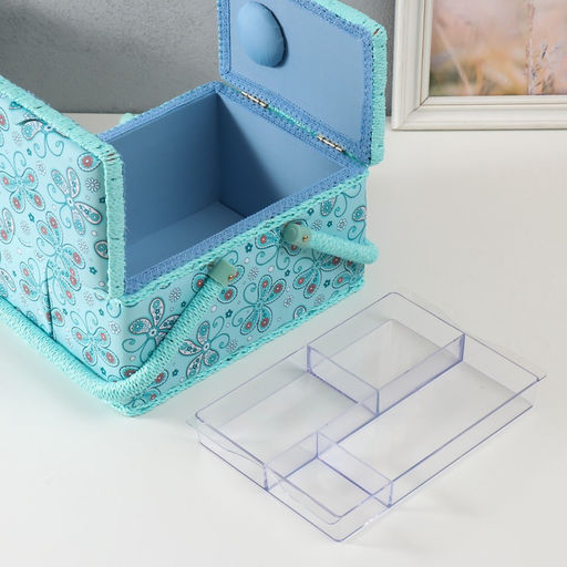 Шкатулка для рукоделия и шитья Бабочки и цветочки на голубом, хранение ниток, иголок, мелочи, 19?26?14.5 см