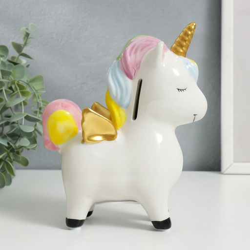Копилка для денег «Единорожка с золотыми крылышками и рогом», керамика, 15.5×6.9×18 см