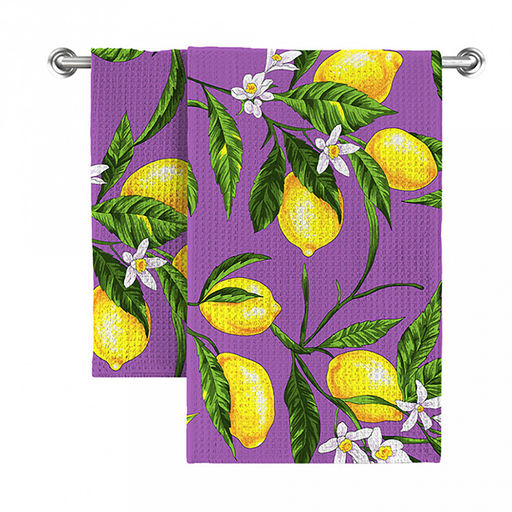 Полотенце вафельное 48х62см "Лимоны, сиреневый", хлопок 100%, 152гр/м2, "Домашняя мода" (Россия)