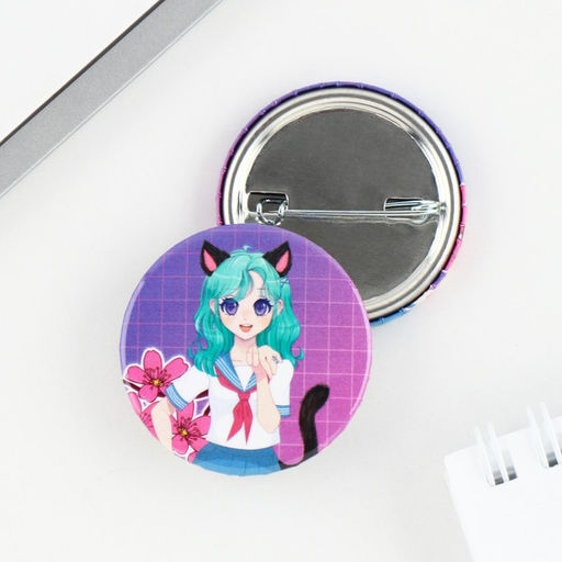 Цена за 10 шт. Значок закатной аниме Девушка с ушками, d=3.8 см