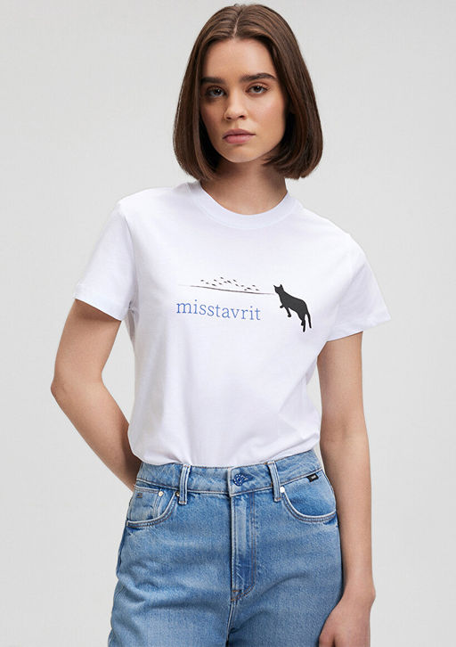 Misstavrit Bask?l? Beyaz Tisort - Mavi фото 2