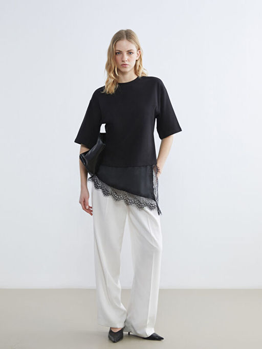 Bisiklet Yaka Dantel Detayl? Kad?n Ti??rt