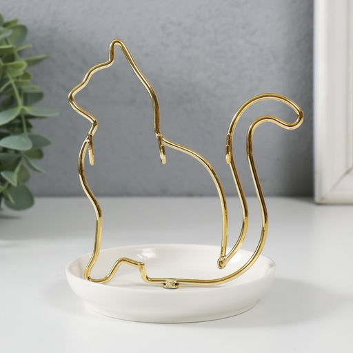 Подставка для мелочей «Кошка», керамика, металл, белая с золотом, 10.5×10×12.5 см