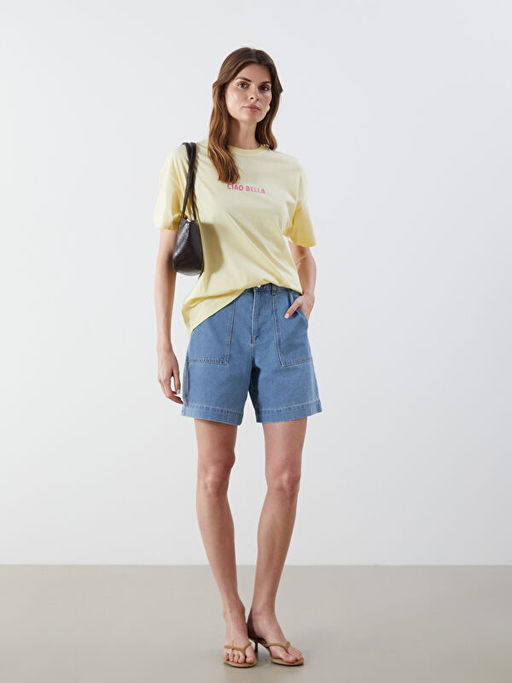 Bisiklet Yaka Bask?l? Oversize Kad?n Ti??rt