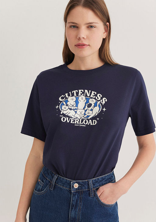 Kedi Bask?l? Lacivert Tisort