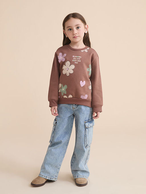 Bisiklet Yaka ?i?ekli K?z ?ocuk Sweatshirt