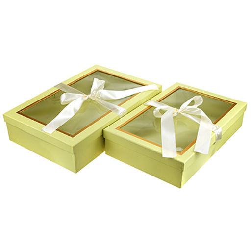 Коробка подарочная, с окном, с лентой, набор 2 штуки: 27х42х9см; 30х45х10см, лимонный (Китай)