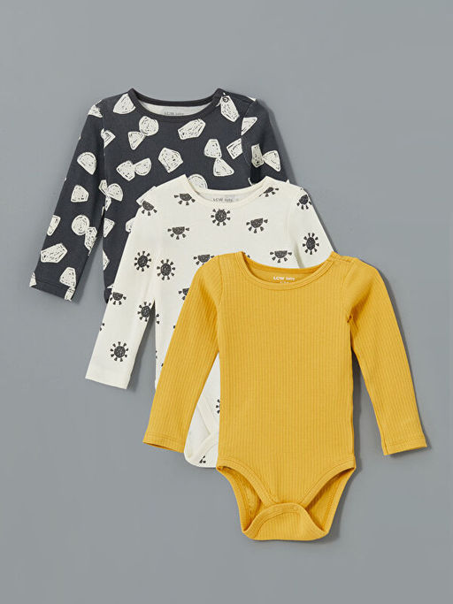 Bisiklet Yaka Bask?l? Erkek Bebek ??t??tl? Bodysuit 3l?