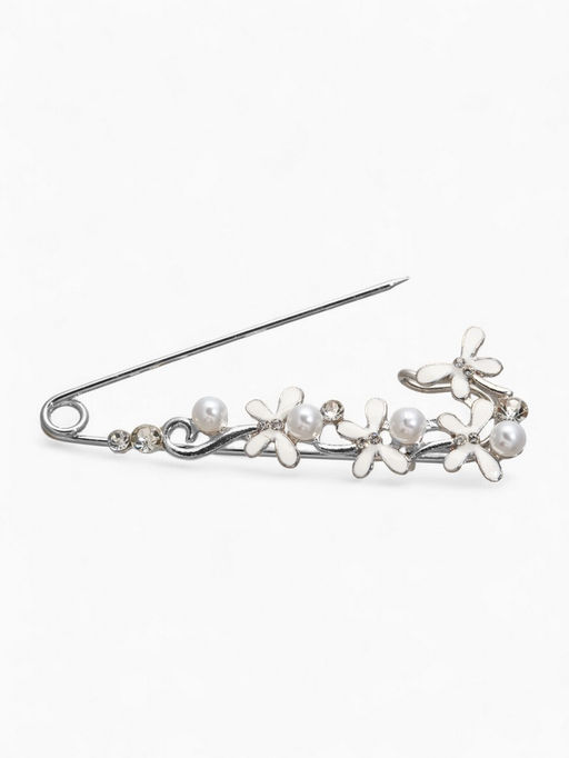 Булавка Бабочки с жемчужинками, 7.5 см, белая в серебре