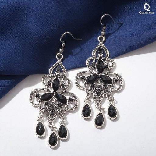 Серьги висячие со стразами Восток трилистник, цвет чёрный в чернёном серебре, 8см - Queen fair фото 2