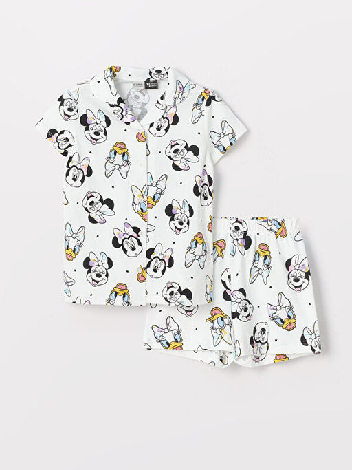 G?mlek Yaka Minnie Mouse Bask?l? K?sa Kollu K?z ?ocuk ?ortlu Pijama Tak?m?