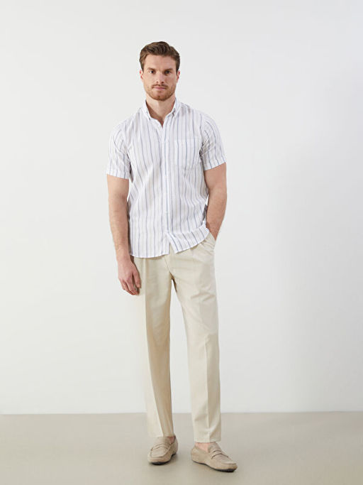 Regular Fit K?sa Kollu ?izgili Poplin Erkek G?mlek