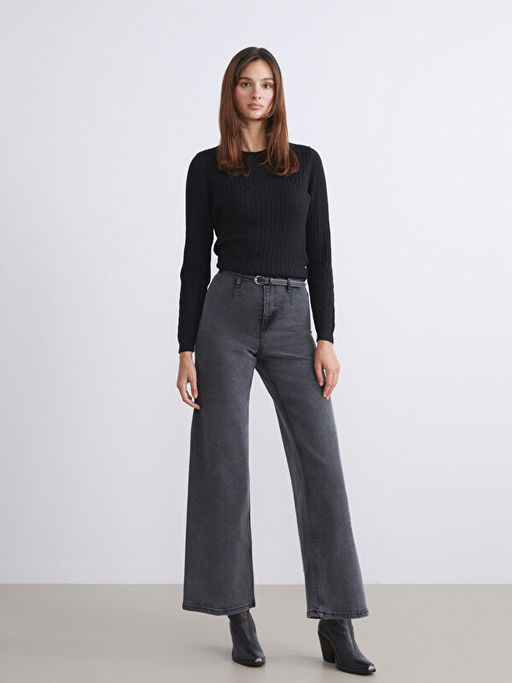 Beli Kemerli Wideleg Kad?n Jean Pantolon