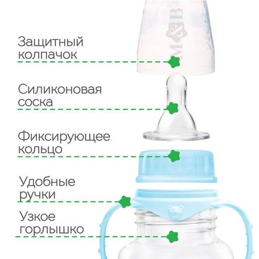 Бутылочка для кормления M&B «Сыночек», классическое горло, с ручками, от 0 мес., 150 мл., голубой