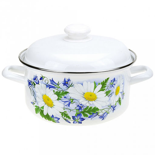 "Ромашковое поле" Набор эмалированных кастрюль 2 предмета: 2л, 3л, s0,8мм, форма цилиндрическая, двойной слой эмалевого покрытия, металлическая крышка с пластмассовой ручкой-кнопкой, металлические ручки, нержавеющий ободок (Россия)