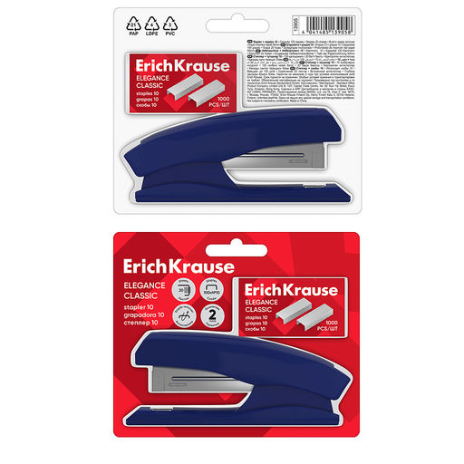 АКЦИЯ Цена за 12 шт. Степлер №10 в комплекте со скобами ErichKrause Elegance Classic до 20 листов, ассорти (в пластиковом блистере по 1 шт.)