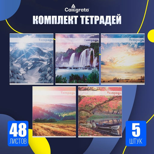 Комплект тетрадей из 5 шт (4 разные + 1 МИКС), 48 листов, клетка, Красоты природы, обложка мелованная бумага, блок №2, белизна 75% (серые листы) - Calligrata фото 3