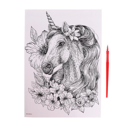 Гравюра «Единорог в цветах» A4, с металлическим эффектом «серебро»