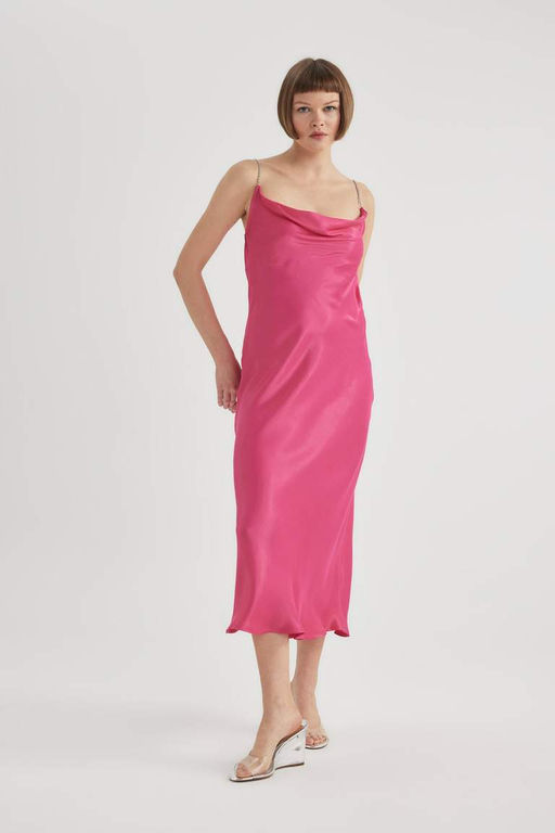 Атласное платье миди Bodycon с круглым вырезом и короткими рукавами - Defacto фото 6