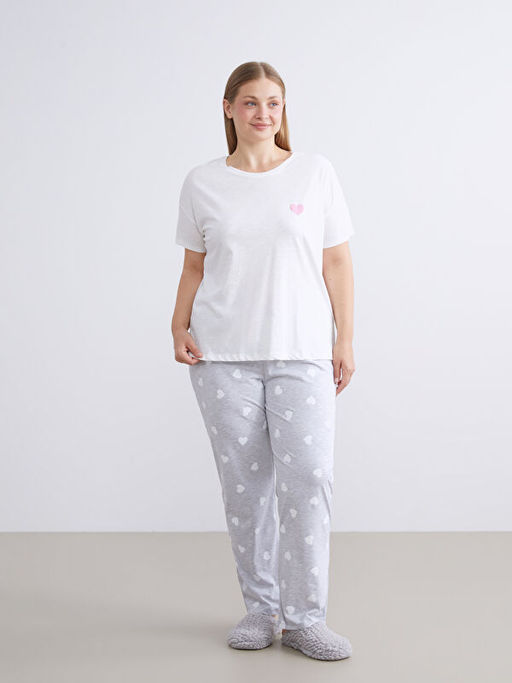 Bisiklet Yaka Kalp Bask?l? Kad?n Pijama Tak?m?