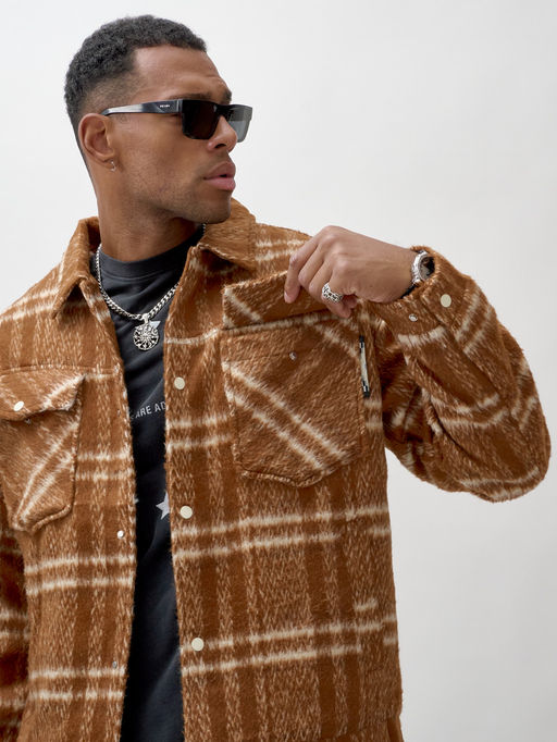 Куртка рубашка шерстяная в клетку мужская демисезонная горчичного цвета 58596G