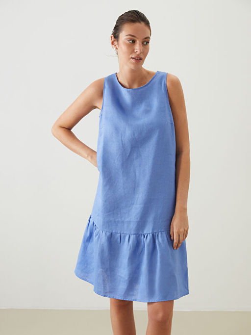 Bisiklet Yaka %100 Keten Elbise