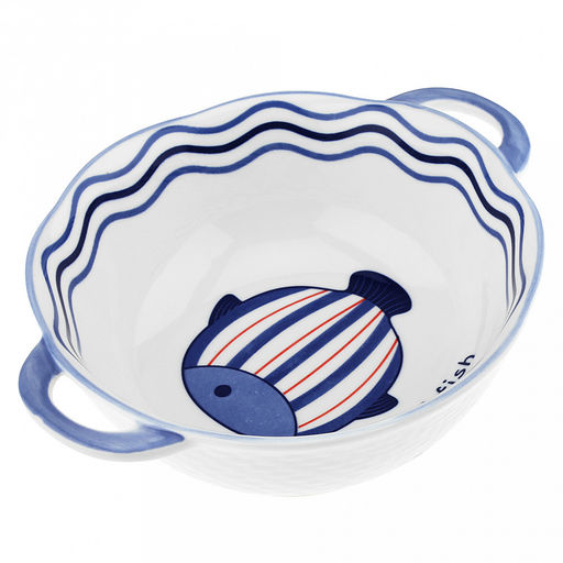 "Синий полосатик" Салатник фарфоровый 1,15л, д19,7см, h7,2см, 2 ручки (длина 23,7см), волнистый край, отводка, борт "плетенкка", белый (Китай)