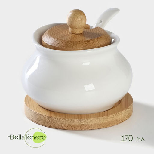 Сахарница фарфоровая с ложкой на деревянной подставке BellaTenero, 170 мл, цвет белый  фото 7