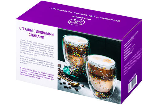 Набор 2 стаканов 350 мл 9*9*11,5 см "Crystal glass" с двойными стенками и декором из глиттера