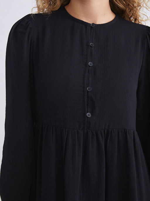 Bisiklet Yaka Dokulu M?slin Pileli Elbise