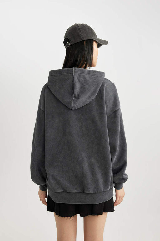 Толстый свитшот с капюшоном и принтом Cool Oversize с эффектом выцветания - Defacto фото 6