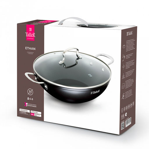 Сковорода Вок с антипригарным покрытием д30см Итан h6,5см, s3,3мм, дно д17см, s4мм, кованный алюминий, стеклянная крышка с пароотводом, 2 ручки из нержавеющей стали на клепочном креплении, цветная коробка, TalleR (Китай) - Домашняя мода фото 7