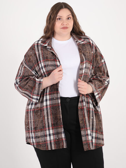 Рубашка в клетку со стразами коричневая - Almond фото 5