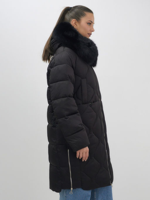 Пальто зимнее утепленное с мехом и капюшоном тренд черного цвета 7753Ch - Visdeer фото 9
