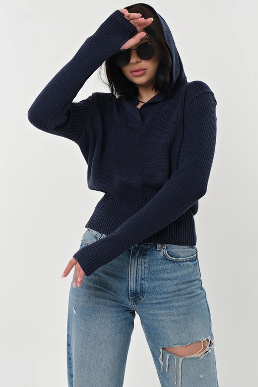 Джемпер хлопковый с капюшоном меланж синий