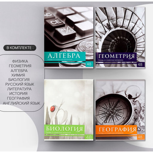 Набор предметных тетрадей 48 листов, Calligrata «Чёрное-белое», 10 предметов, серые листы