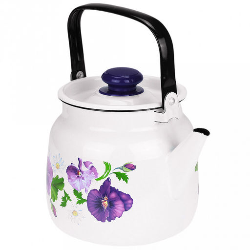 "Анютины глазки" Чайник эмалированный 3,5л, д19,4см, h16,2см, s0,08мм, двойной слой эмалевого покрытия, металлическая крышка, металлическая подвижная ручка (Россия)