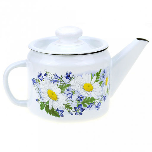 "Ромашковое поле" Чайник эмалированный 1л, д12см, h10,2см, металлическая крышка с пластмассовой ручкой-кнопкой, металлическая фиксированная ручка (Россия)