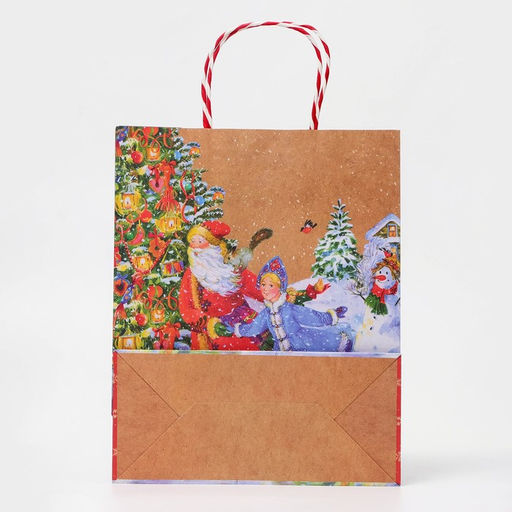 Пакет бумажный подарочный новогодний крафт «Дед мороз и снегурочка» 26×32×12 см